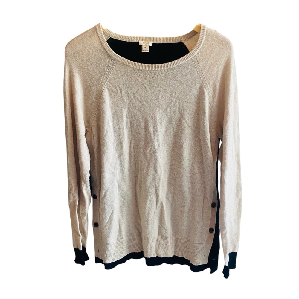 J. Crew Black and Tan Side Button Elbow Patch Color Block Wool Blend Sweater - Picture 2 of 6